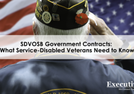 A back view of a veteran saluting in front of a U.S. flag, SDVOSB Government Contracts