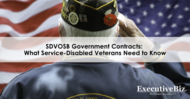 A back view of a veteran saluting in front of a U.S. flag, SDVOSB Government Contracts